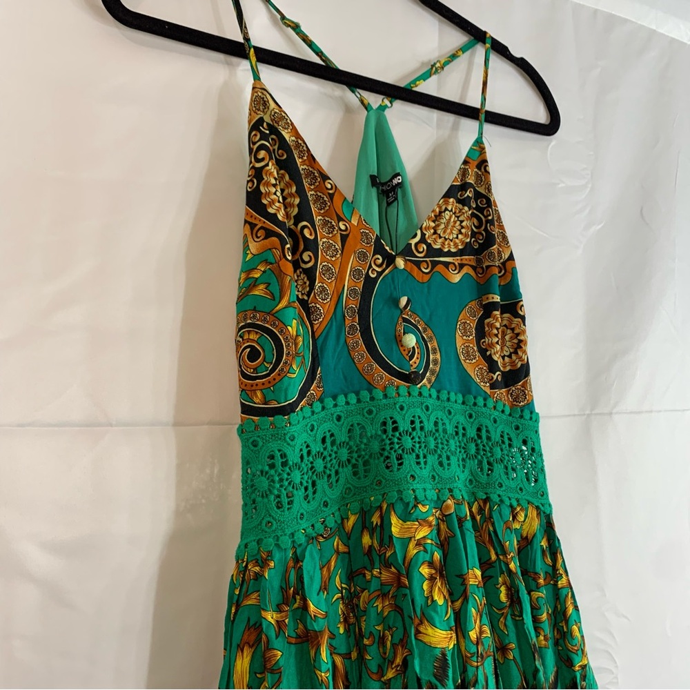 NWT Fashion Nova Holy Slit Spaghetti Strap Maxi Green Mixed Print Dress, size M - Picture 6 of 16